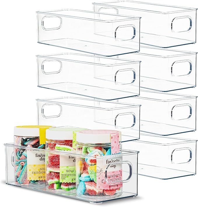 Plastic Food Storage 8 Pack Clear Container Bin with Handles for Organizing Kitchen, Pantry, Fridge, Freezer, Pantry,Bathroom. 10"x4"3"
