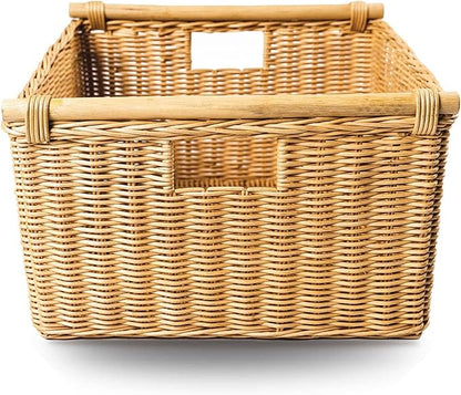 The Basket Lady Deep Pole Handle Wicker Storage Basket, Extra Large, 17.5 in L x 18 in W x 11.5 in H, Sandstone