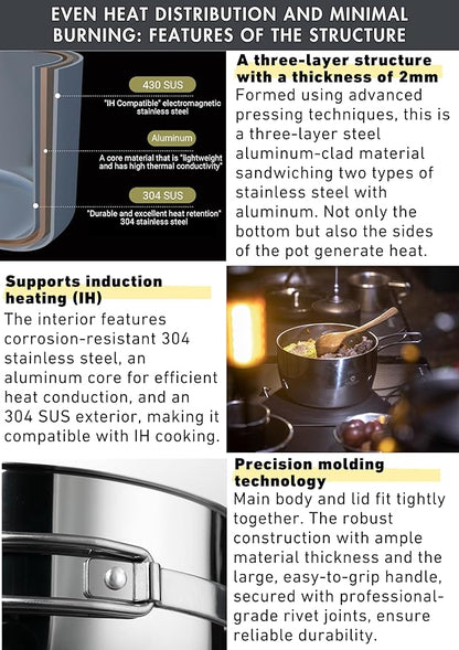 CAMPINGMOON 2 Quart Camping Saucepan 3-ply Stainless Steel Cooking Pot w/Lid Foldable Handle Compact Storage Portable IH Compatible CC-18