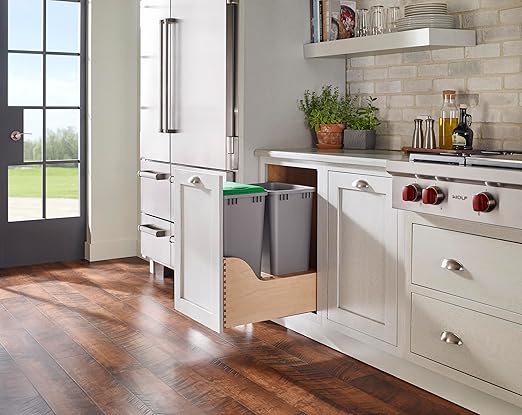 Rev-A-Shelf Pullout Trash Cans for Kitchen Cabinet, Dual 50 Qt Bins with 18" Wood Frame - Large Garbage Bin Containers for Home Waste Storage and Recycling