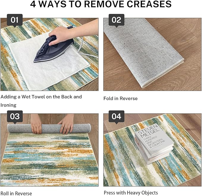 Modern Abstract Runner Rug 2.6x12, Green Mustard Multi Washable Long Kitchen Runner Non-Slip Soft Hallway Rug Runner Thin Print Faux Wool Carpet for Entryway Bedroom Laundry Room Indoor