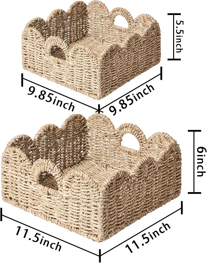 Scalloped Basket 2 Pack Wicker & Rattan Storage with Built-in Handles, Decorative Woven Seagrass Basket for Nursery & Bathroom Organization