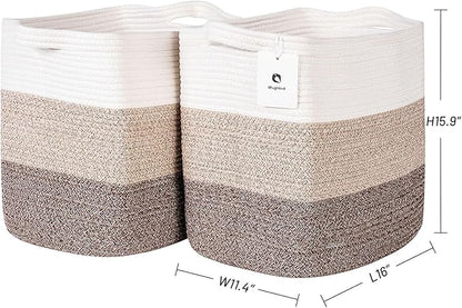 Tall Storage Bins for Clothes Fabric Cotton Rope Storage Baskets with Handles, Decorative Woven Basket for Living Room,Closet Organizer Blankets, and 2bags (Gradient Brown, L16×W11.4×H15.9)