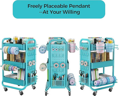 DESIGNA 3-Tier Utility Storage Rolling Cart with Removable Pegboard & Extra Storage Baskets Hooks, Metal Craft Art Carts for Gift Home Office, Teal