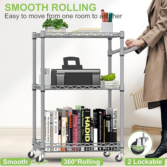 Metal Carts with Wheels,3 Tier Rolling Utility Carts with Storage, Steel Wire Service Cart with Handle Bar&Shelf Liner, Commercial Grade Kitchen Trolley for Indoor & Outdoor Use