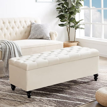 Storage Ottoman 50.2 Inches Upholstered Fabric Storage Ottoman Bench，Button Tufted Ottoman with Storage for Living Room，Bedroom End of Bed Bench Withstands 304lbs (Ivory)