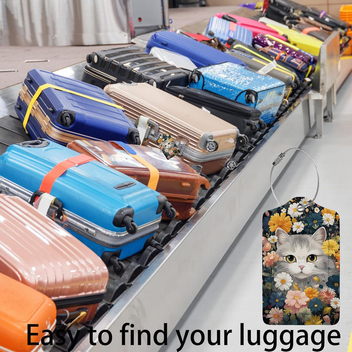 Cute Cat in Flowers 2 Pcs Luggage Tags,Privacy Cover ID Label with Stainless Steel Loop and Address Card for Travel Bag Suitcase,