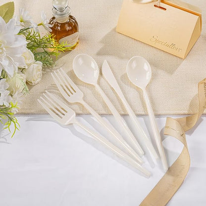 Supernal 180pcs Plastic Silverware Heavy Duty Ivory Plastic Utensils Cutlery Disposable Beige Plastic Cutlery Include 60 Plastic Forks,60 Plastic Knvies,60 Plastic Spoons for Party,Wedding