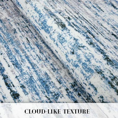 Modern Abstract Runner Rug 2.6x12, Grey Blue White Washable Long Kitchen Runner Non-Slip Soft Hallway Rug Runner Thin Print Faux Wool Carpet for Entryway Bedroom Laundry Room Indoor Home Decor