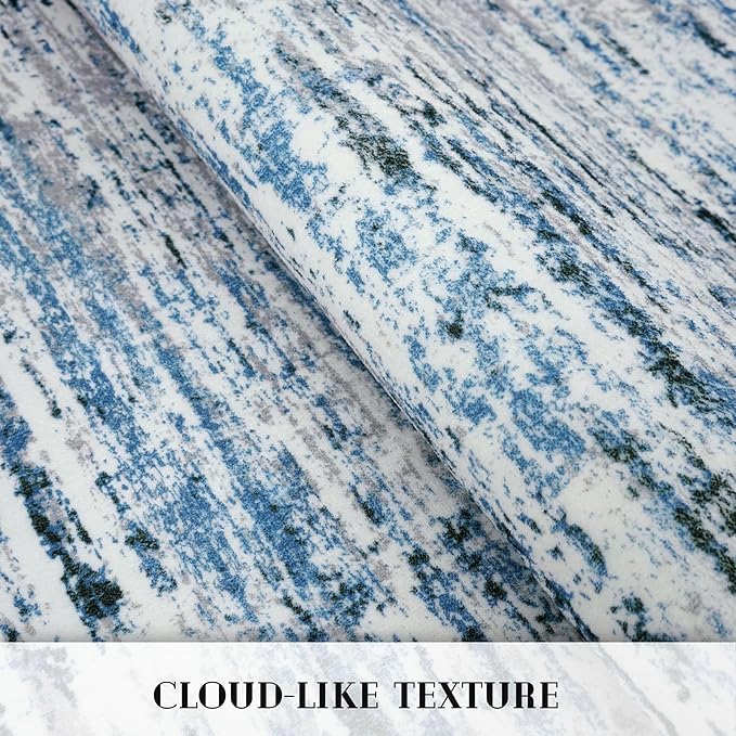 Modern Abstract Runner Rug 2.6x18, Grey Blue White Washable Long Kitchen Runner Non-Slip Soft Hallway Rug Runner Thin Print Faux Wool Carpet for Entryway Bedroom Laundry Room Indoor Home Decor