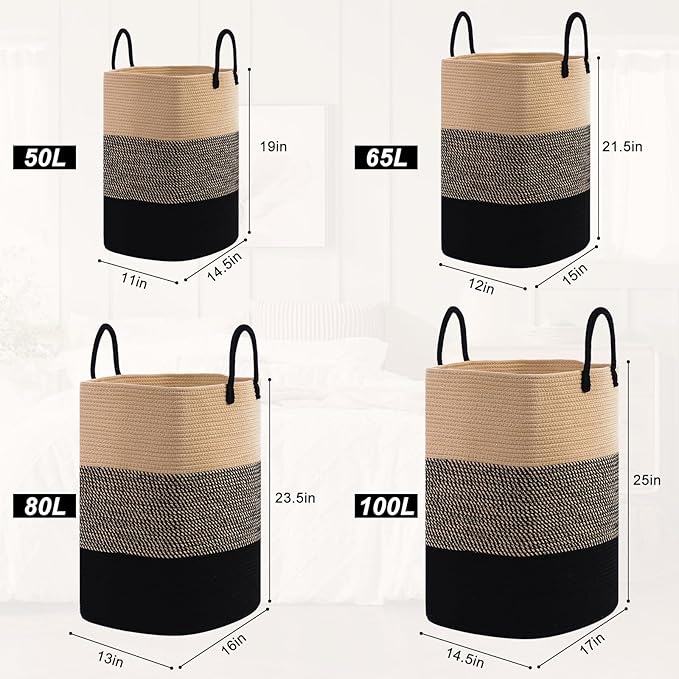 Woven Laundry Basket for Clothes, 80 L Large Rectangle Laundry Hampers with Beads Tassel, Nursery Storage Basket for Toys, Tall Dirty Clothes Hamper for Bedroom Aesthetic, Laundry Room Organization