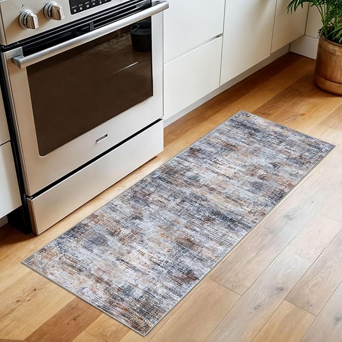 IOHOUZE Abstract Runner Rug 2x5 Ft Washable Runners for Hallways, Non Slip Kitchen Runner Soft Printed Faux Wool Entryway Runner Indoor, Modern Abstract Floor Carpet for Hall Bedroom, Orange Grey