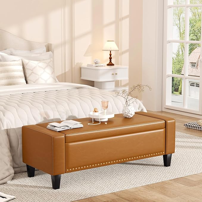 48.8" Storage Ottoman Bench Brown | Faux Leather Bedroom Bench with Lift Top for Living Room & Bed End