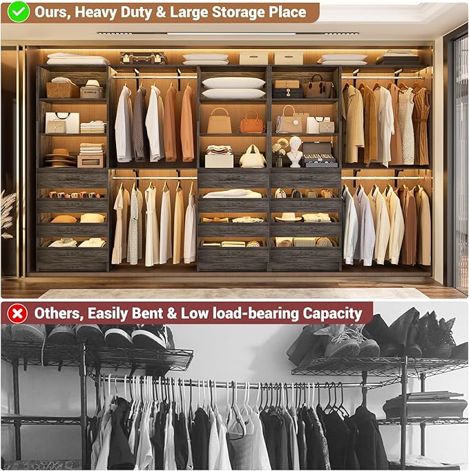 Aheaplus Closet System Set of 3, 138.5" Wood Closet Organizer System Tower with 12 Drawers & 4 Hanging Rods, 6.7+4.85Ft L Shaped Walk-in Closets Wardrobe Organizer Garment Rack with Shelves, Black Oak