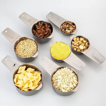 Set of 7 Heavy Duty Measuring Cups, 18/8 Stainless Steel with Ring Connector, Dark Grey