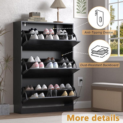 Shoe Cabinet with Odor Control and Back Panels, Deodorizing Slim 3-Flip Shoe Storage Cabinet for Entryway, Freestanding Hidden Shoe Rack Organizer for Entrance, Hallway, Bedroom