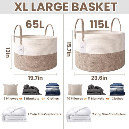 Woven Blanket Basket,65L Large Rope Storage Bin with Handles, Organizer for Blankets Toys Book and Clothes, Laundry Basket for Living Room Bedroom Nursery,White&Brown