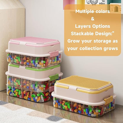 Toy Storage Organizer Box with Handle, Stackable Building Block Toy Box with Building Plate Lid & Removable Sorting Trays, Cubby Bins and Containers 2 Layer (Green)
