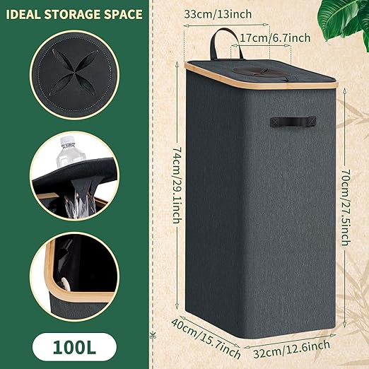 Recycling Bin for Kitchen Indoor Home 26 Gallon, 100L Recycle Bin with Removeable and Reusable Inner Bag, Recycling bin with lid for Bottles Cans Glass Plastice Cartons (Dark Gray)