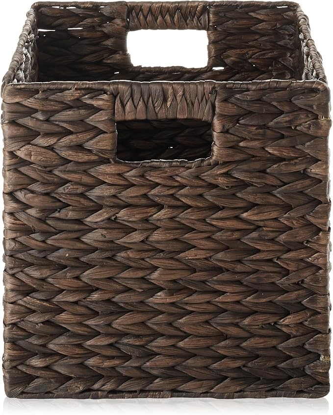 Casafield 10.5" x 10.5" Water Hyacinth Storage Baskets, Espresso - Set of 2 Collapsible Cube Organizers, Woven Bins for Bathroom, Bedroom, Laundry, Pantry, Shelves