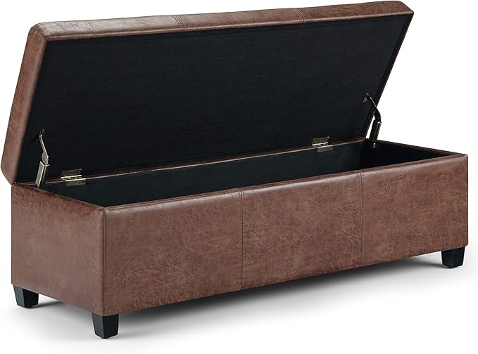 SIMPLIHOME Avalon 48 inch Wide Contemporary Rectangle Storage Ottoman Bench in Distressed Umber Brown Vegan Faux Leather, Assembled, For the Living Room, Entryway and Family Room