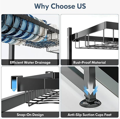 2 Tier Extra Large Stainless Steel Expandable Over The Sink Dish Drainer Drying Rack, Rust Proof Metal, Space Saving, Modern Black Big Capacity Extendable Plate Strainers Above Kitchen Counter