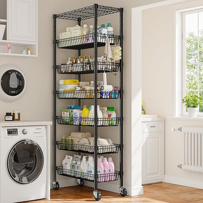 7 Tier Wire Shelving with Wheels 72" H Adjustable Basket Shelf Storage Shelves with Hooks for Kitchen Bathroom Pantry Shelves Closet Laundry Room Organization 72" H x 30" W x 14" D, Black