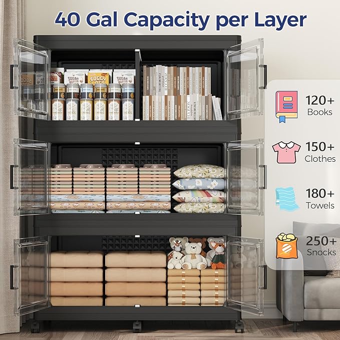 200GAL Extra Large Storage Bins with Lid, 800Qt Stackable Closet Organizers and Drawers, Collapsible Storage Bins with Wheels, Folding Storages Cabinet for Home Bedroom Office, 5Pack Black