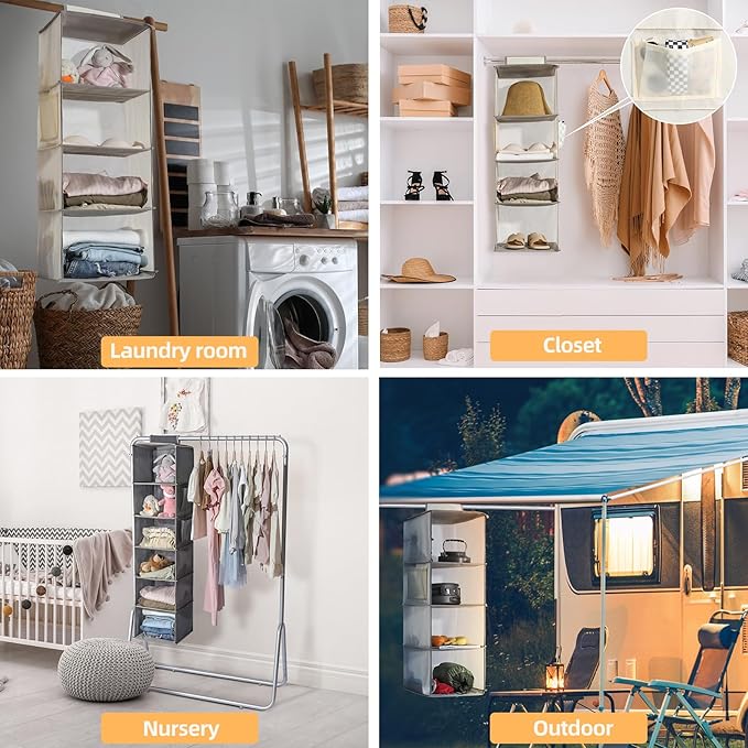 2 Packs Hanging Closet Organizer Storage, 4-Shelf Hanging Shelves for Closet, Closet Clothes Organizer and Storage with Side Pocket, Beige