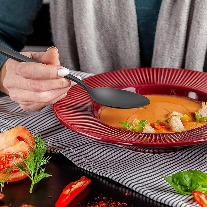 Matte Black Dinner Spoons Set of 12, E-far 7.9 Inch Stainless Steel Soup Spoons Tablespoons for Home, Kitchen or Restaurant, Non-toxic & Mirror Polished, Squared Edge & Dishwasher Safe