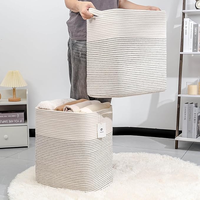 Storage Baskets for Clothes Fabric Cotton Rope Storage Basket bins with Handles, Decorative Woven Basket for Living Room,Closet Organizer Blankets Tall 2 bags White/Black Line, L14×W11×H14