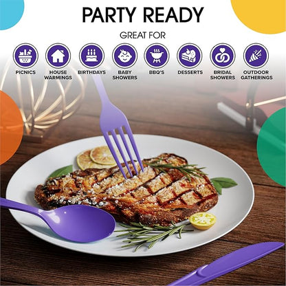 Party Solids Purple Plastic Silverware Heavy Duty 300 Pieces Purple Plastic Cutlery Sets, Utensil Sets, 100 Of Each Forks, Knives & Spoons Disposable Cutlery Set, Flatware Set For Party Supplies