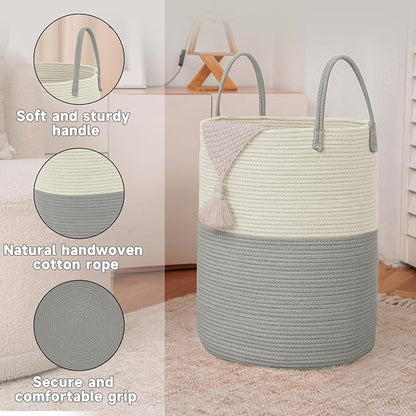 Large Woven Laundry Basket Hamper,100L Cotton Rope Storage Bin for Blankets,Toys and Clothes,Decorative Tall Nursery Hamper for Living Room,Baby Nursery,Bathroom and Bedroom,White and Grey