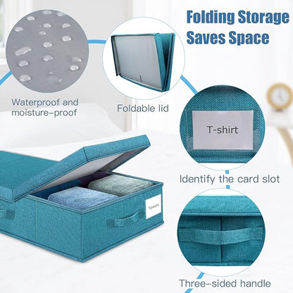 Underbed Storage Containers Bin with Lids (2pcs) Large Under Bed Storage Organizer Box with Handle, Foldable Under the Storage Bags for Organizing Clothes, Shoes, Blankets, Pillows-Cyan blue