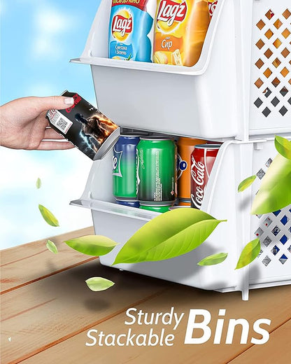 TidyFriend Plastic Stackable Bins for Pantry, 6 Pack Stacking Bins Open Front Kitchen, and Bathroom Organization, Open Front Design (White)