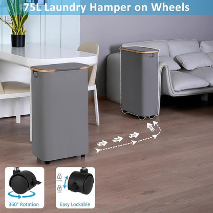 efluky Slim Laundry Basket with Wheels, Narrow Rolling Laundry Hamper with Lid and Removable Bag, Tall Aesthetic Dirty Clothes Hamper on Wheels for Laundry Room, Bedroom, Dorm and Bathroom, 75L Grey