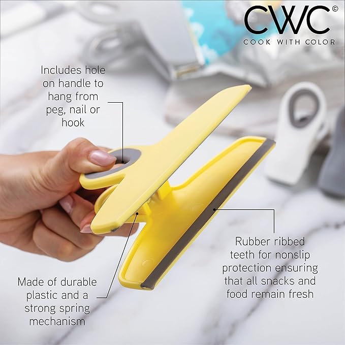 COOK WITH COLOR Bag Clips - Heavy Duty Chip Clip & Refrigerator Magnet for Food Storage with Air Tight Seal Grip, Yellow & Grey, 2 Large & 16 Small