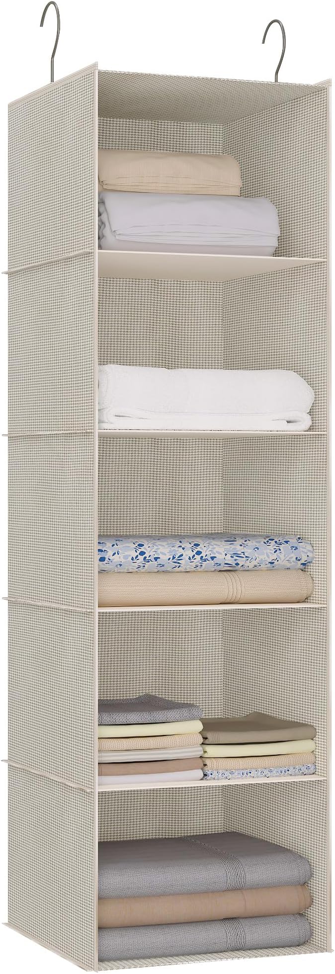 Hanging Closet Organizer, Easy Mount Foldable 5-Shelf Hanging Closet Wardrobe Storage Shelves, Clothes Handbag Shoes Accessories Storage, Imitation Linen Fabric, Beige Houndstooth