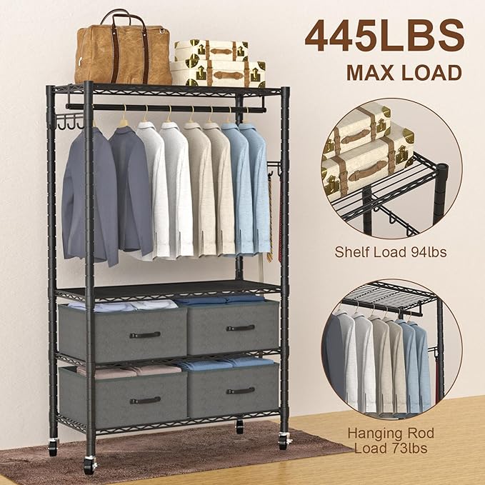 Clothes Rack, Heavy Duty Clothing Rack for Hanging Clothes, 4-Tier Adjustable Closet Organizer with 4 Drawers | Hanging Rod | Side Hooks | Load 445lbs | 15.7" D x 35.4" W x 74.1" H