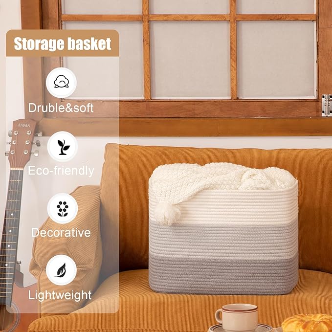 Storage Baskets for Organizing, 2 Pack Woven Basket for Storage, Rectangle Baskets for Shelves Closet Organizers, Toy Basket for Nursery Storage Living Room, Laundry Room, Bedroom (Gradient Grey)