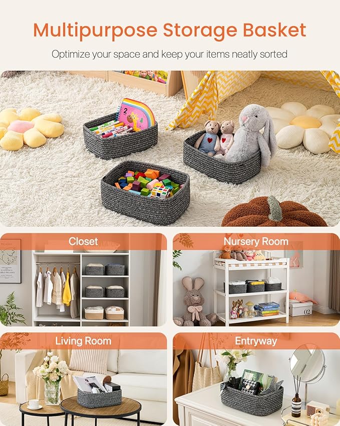 Small Woven Basket, 12 x 8 x 4.5 Inches, Storage Basket for Organizing, Cute Small Rope Shelf Closet Cube Storage Bins Baskets for Shelves, Dog Toy Gift Baskets Empty, 3 Pack Mixed Black