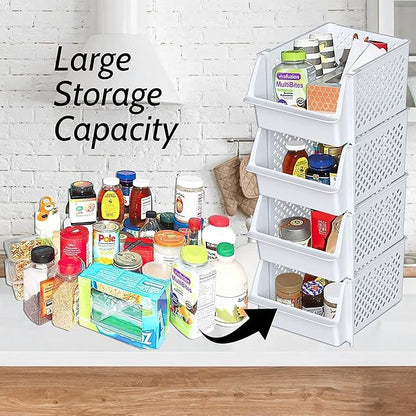 TidyFriend Plastic Stackable Bins for Pantry, 6 Pack Stacking Bins Open Front Kitchen, and Bathroom Organization, Open Front Design (White)