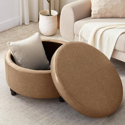 30-Inch Round Storage Ottoman, Modern Ottoman Coffee Table with Removable Top for Living Room, Bedroom, Office （Light Brown）