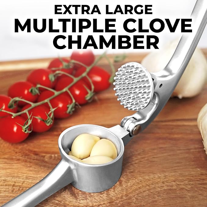 Zulay Kitchen Large Premium Garlic Press Set - Bigger Bowl for Bigger Garlic - Rust Proof & Dishwasher Safe Garlic Mincer Tool - Easy-Squeeze, Easy-Clean Silicone Garlic Peeler & Brush (Chrome)
