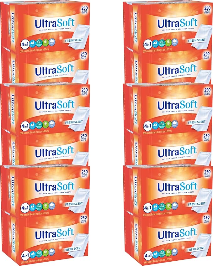 4 in 1 Household Premium Fabric Softener Fresh Scent,250 Single Laundry Dryer Sheets (6.4"x9") Per Dispenser Box,Pack of 12,Made in USA,Drive Clothes Ultra Soft,Reduce Static Cling,Help Repel Pet Hair