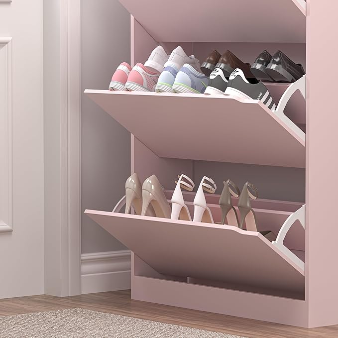Shoe Cabinet with 3 Flip Drawers, Hidden Wood Shoe Cabinet,Freestanding Shoe Storage Cabinet for Entryway Hallway.White. 47.2" H*31.5" W*9.45" D (Pink)