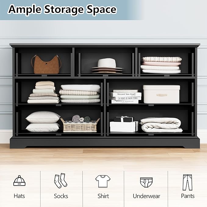 7 Drawer Dresser for Bedroom, 57" Wide Wooden Chest of Drawers, Rustic Farmhouse Dresser with Large Drawers & Metal Handles, Modern Storage Organizer for Closet, Living Room, Hallway, Black
