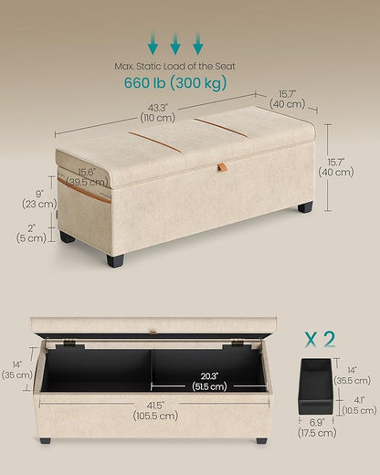 SONGMICS Storage Ottoman Bench, Storage Chest, 15.7 x 43.3 x 15.7 Inches, End of Bed Bench, 27 Gal. (103 L), for Bedroom, Entryway, Living Room, Cappuccino Beige ULSF533L01