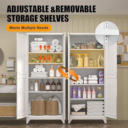 Kitchen Pantry Storage Cabinets, 75" Tall Metal Storage Cabinet with Doors and 4 Shelves, White Pantry Cabinet, Utility Kitchen Cupboard, Large Steel Cabinets for Dining, Office, Living Room