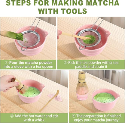 Matcha Whisk Set with Bowl (Chawan),8-Piece Bamboo Matcha Tea Set with Chasen, Whisk Holder, Chashaku Scoop & Holder, Stainless Sifter, Bamboo Spoon, Tea Towel,Gift for Matcha Latte & Tea Ceremony